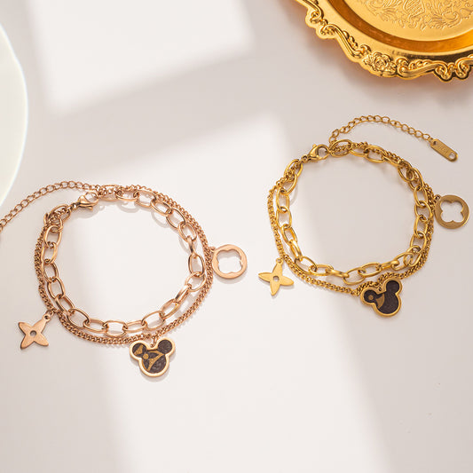 Minimalist Cute Cartoon Mickey Mouse Double Layer Titanium Steel Bracelet for Women with Plating Finish