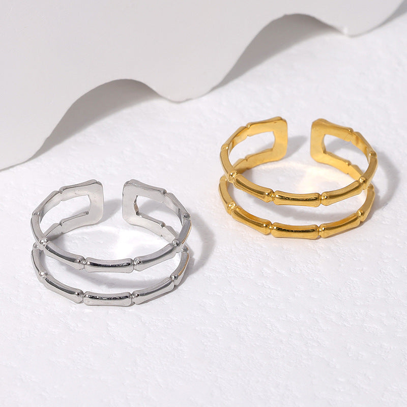 Anillo minimalista de bambú en acero inoxidable con acabado chapado, banda abierta ajustable para mujer
