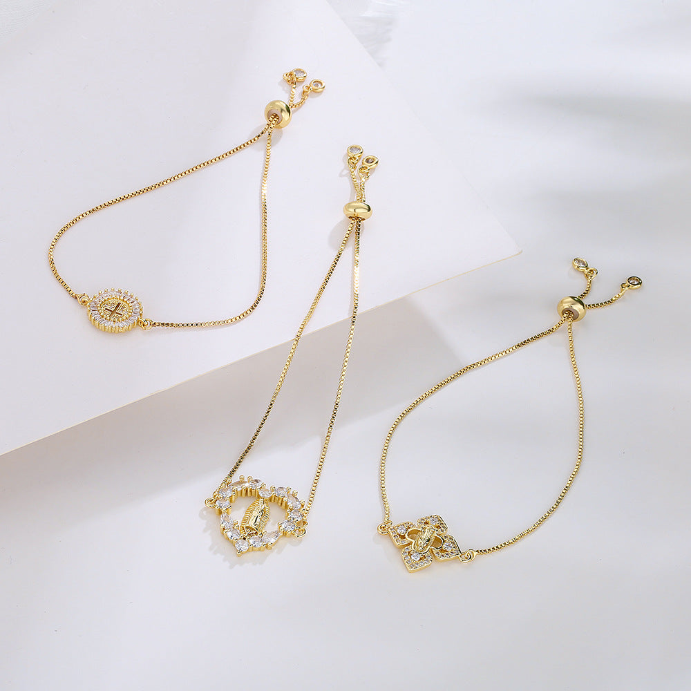 Bracciale minimalista in rame geometrico irregolare con zirconi micro-pavé per donna, regolabile con cordino
