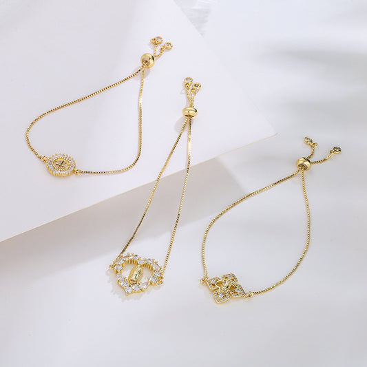 Pulsera de Cobre Geométrica Irregular Minimalista con Micro Pavé de Circonitas para Mujer Ajustable con Cordón Corredizo