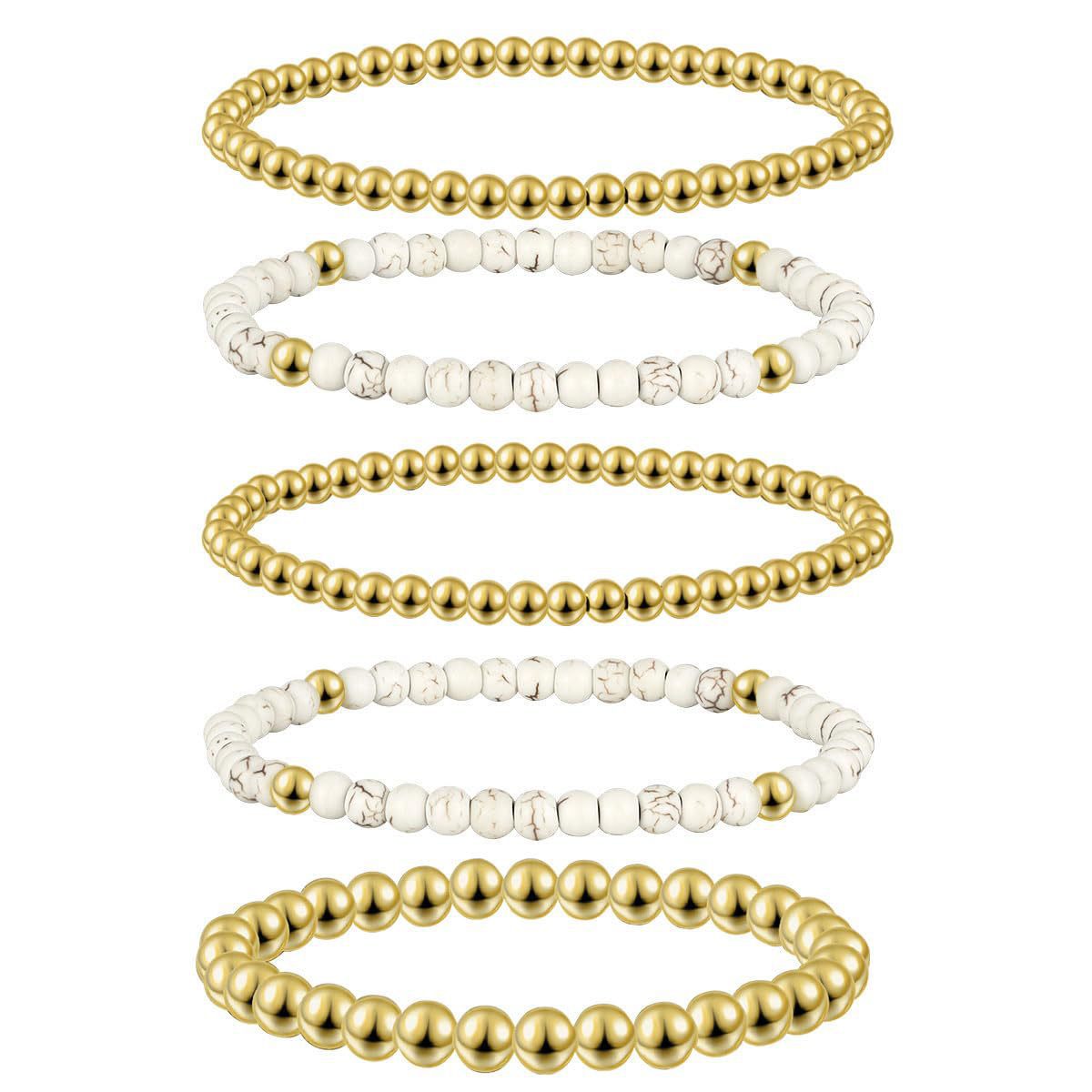 Bohemian 14K Gold Plated Brass Geometric Round Turquoise Beaded Bracelet Set for Women