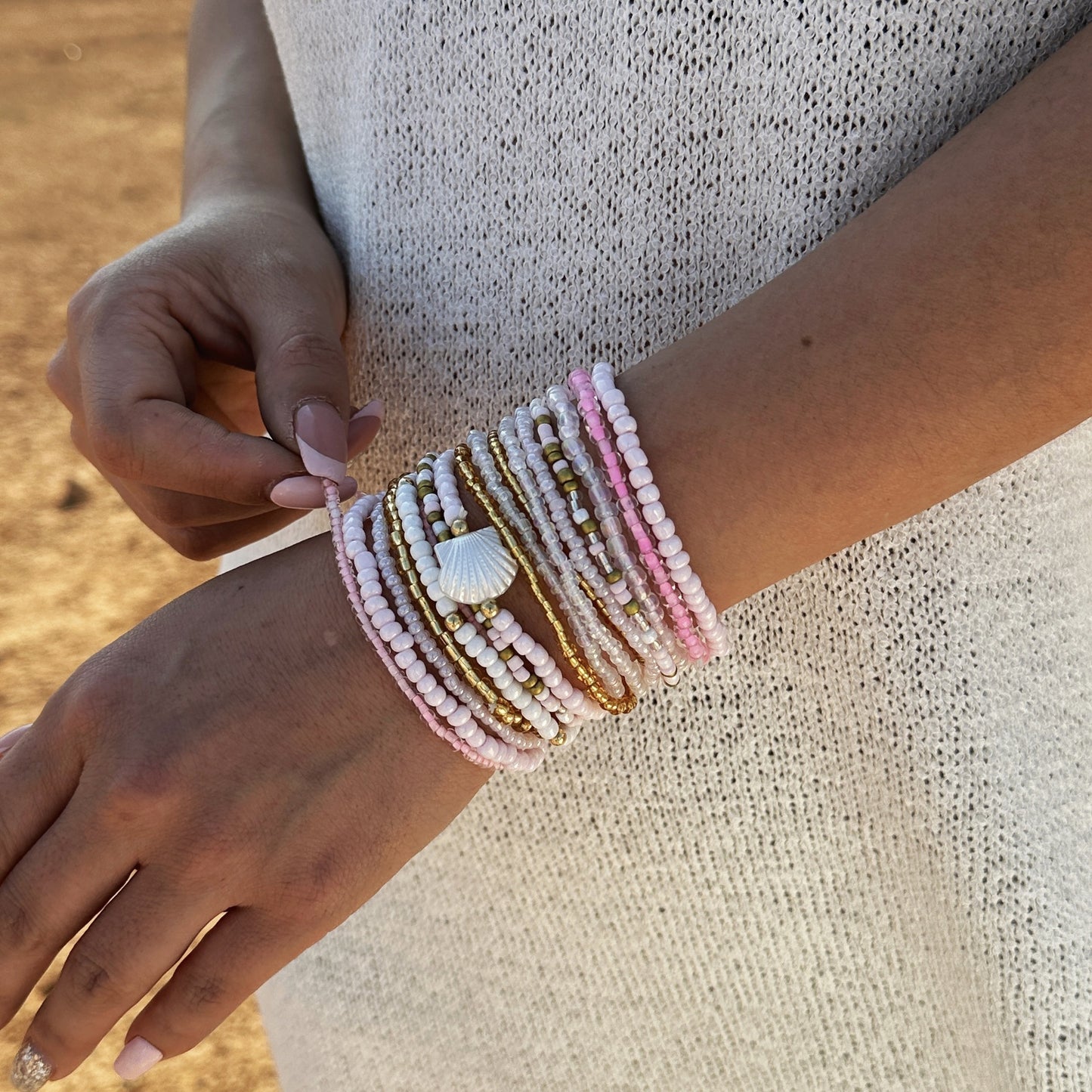Colorful Glass Crystal Shell Beaded Bracelet Set Handmade Women's Summer Jewelry