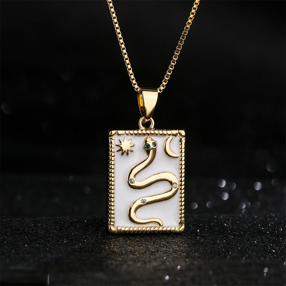 Vintage-Style Snake Totem Pendant Necklace in Copper with 18K Gold Plating, Enamel Finish, and Rhinestone Inlay