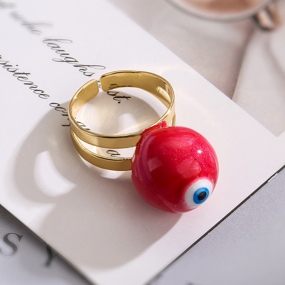 Fashionable Adjustable Evil Eye Ring for Women in Copper with Enamel Finish Geometric Design