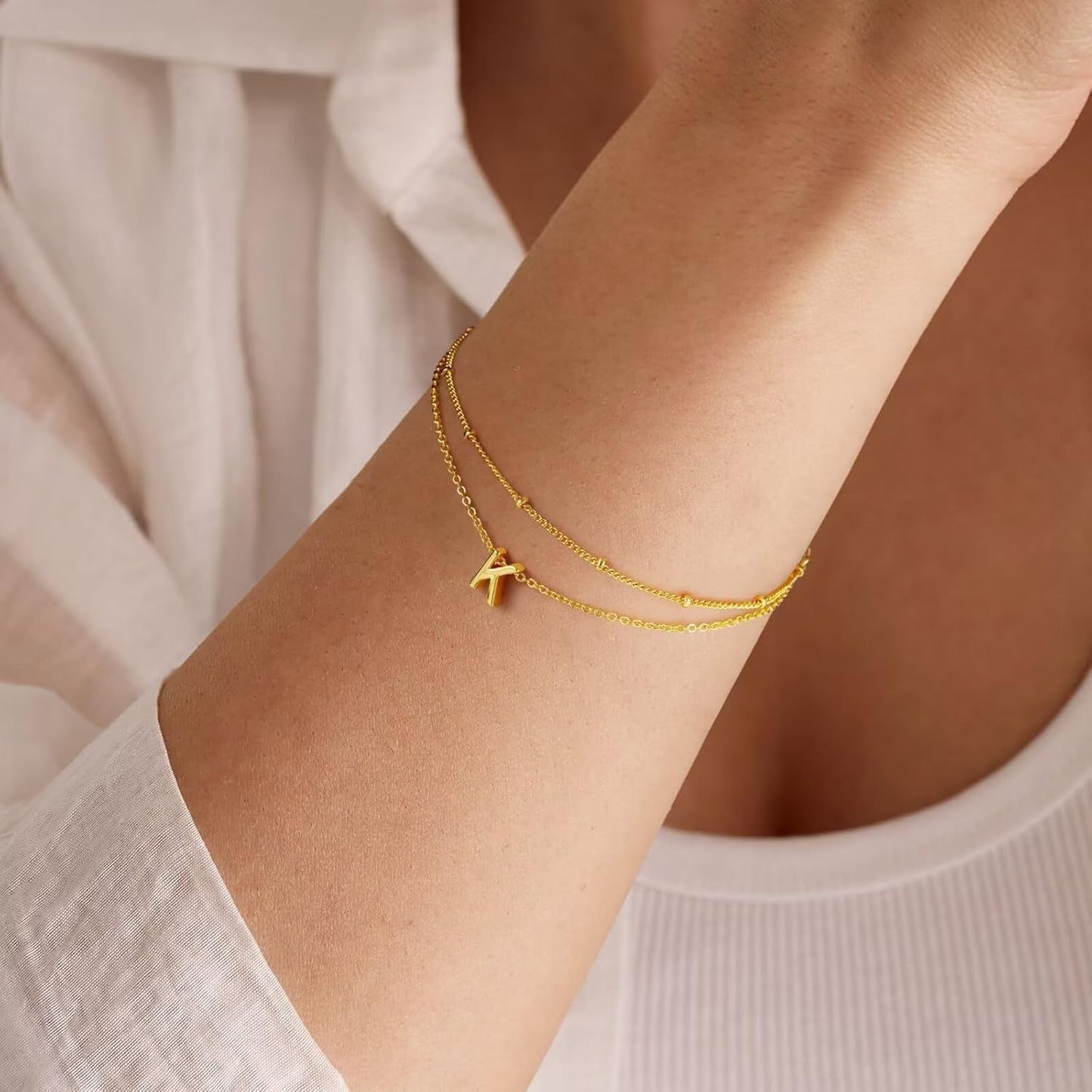 Minimalist Gold Plated Stainless Steel Letter Charm Bracelet Unisex Double Layer Beaded Chain