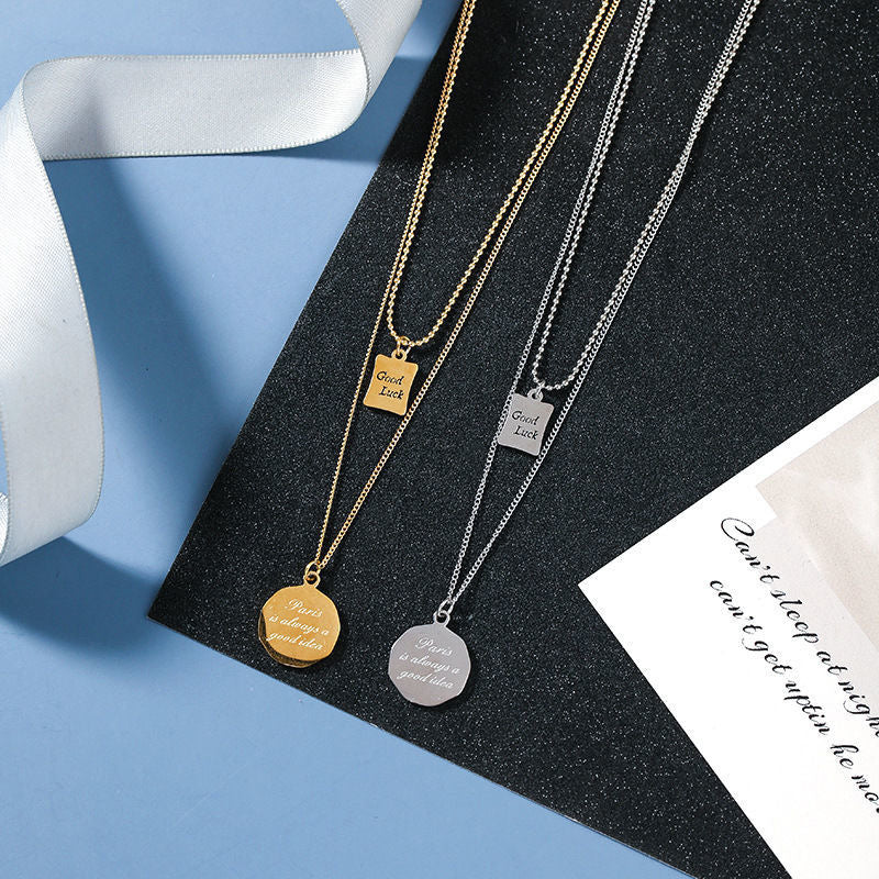 Minimalist Geometric Titanium Steel Plated Double-Layer O-Chain Necklace for Women with Good Luck Letter Pendant
