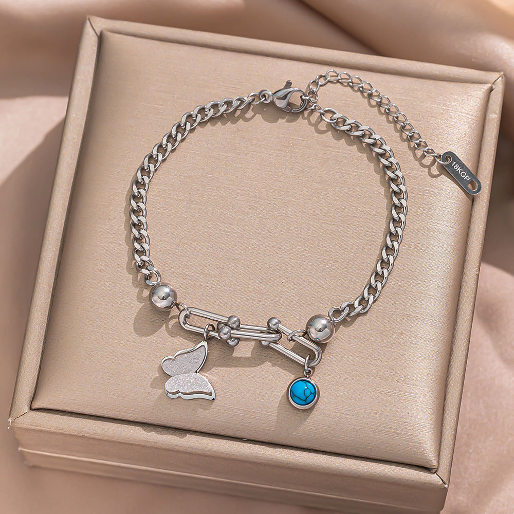 Geometric Stainless Steel Plated 18K Gold Butterfly-Shaped Bracelet with Turquoise Inlay and Horseshoe Clasp