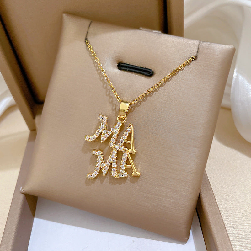 Sweet Minimalist Letter MAMA Rhinestone Inlay Titanium Steel Necklace for Unisex