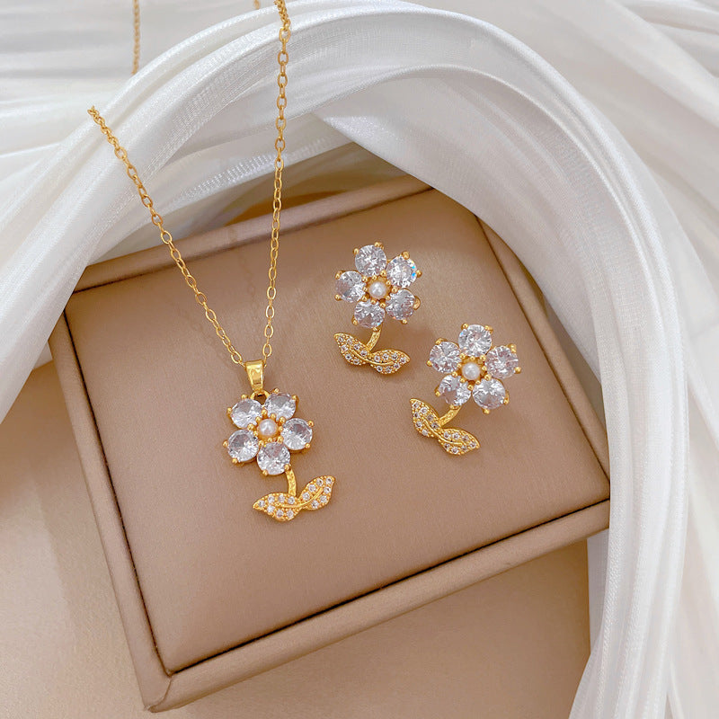 Luxury Fresh and Sweet Plated Brass Zircon Micro-Pave Earrings and Necklace Set
