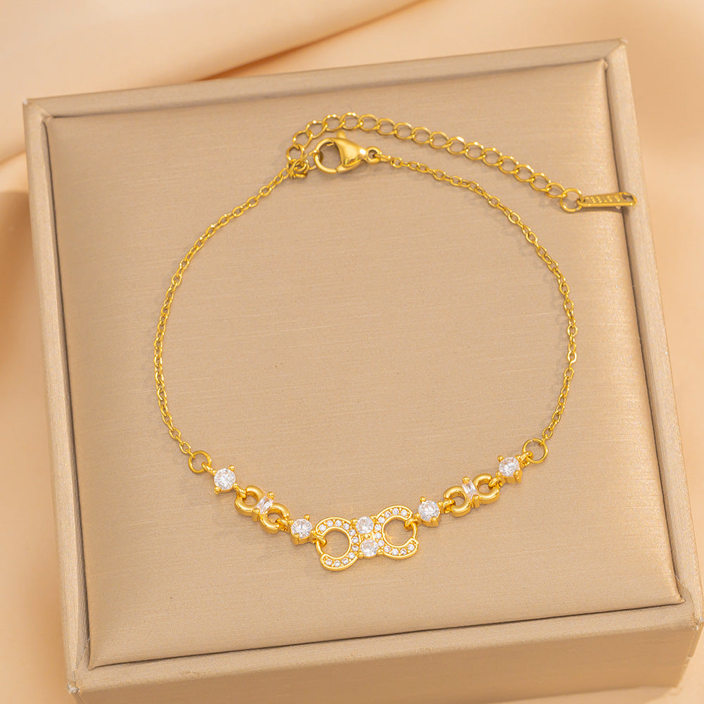 Luxury Minimalist Letter C Shape Titanium Steel Bracelet with Rhinestone Inlay and Gold Plating for Women