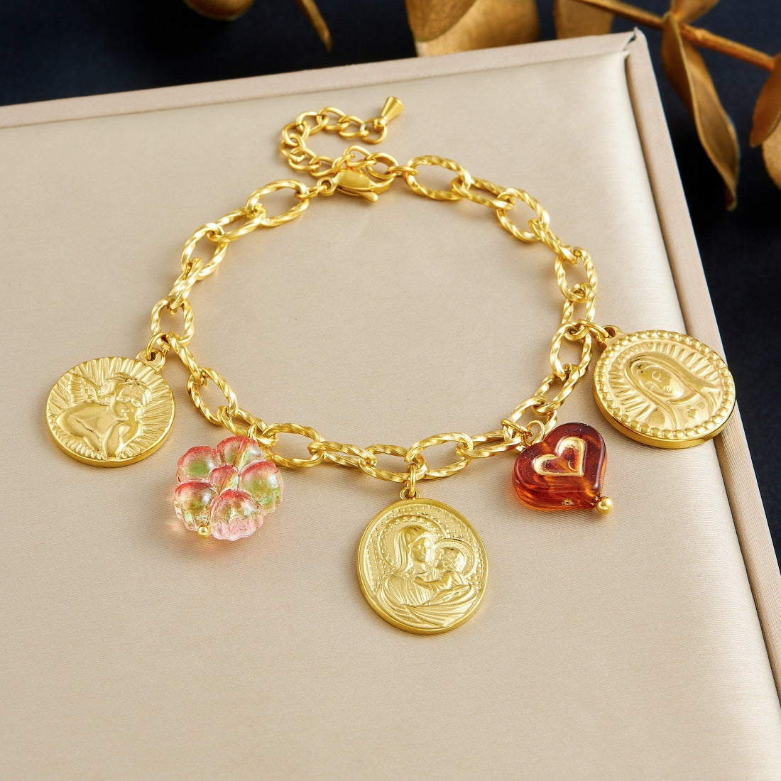 Vintage Luxury Gold Plated Stainless Steel Cross Heart Round Relief Portrait Roman Numeral Pendant Necklace Bracelet Set with Cable Chain for Women