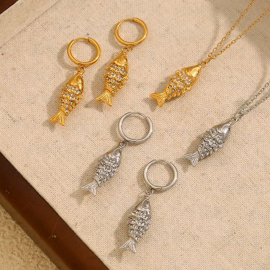 Minimalist Koi Fish Pendant Necklace in Stainless Steel with 18K Gold Plating and Full Rhinestone Inlay for Women