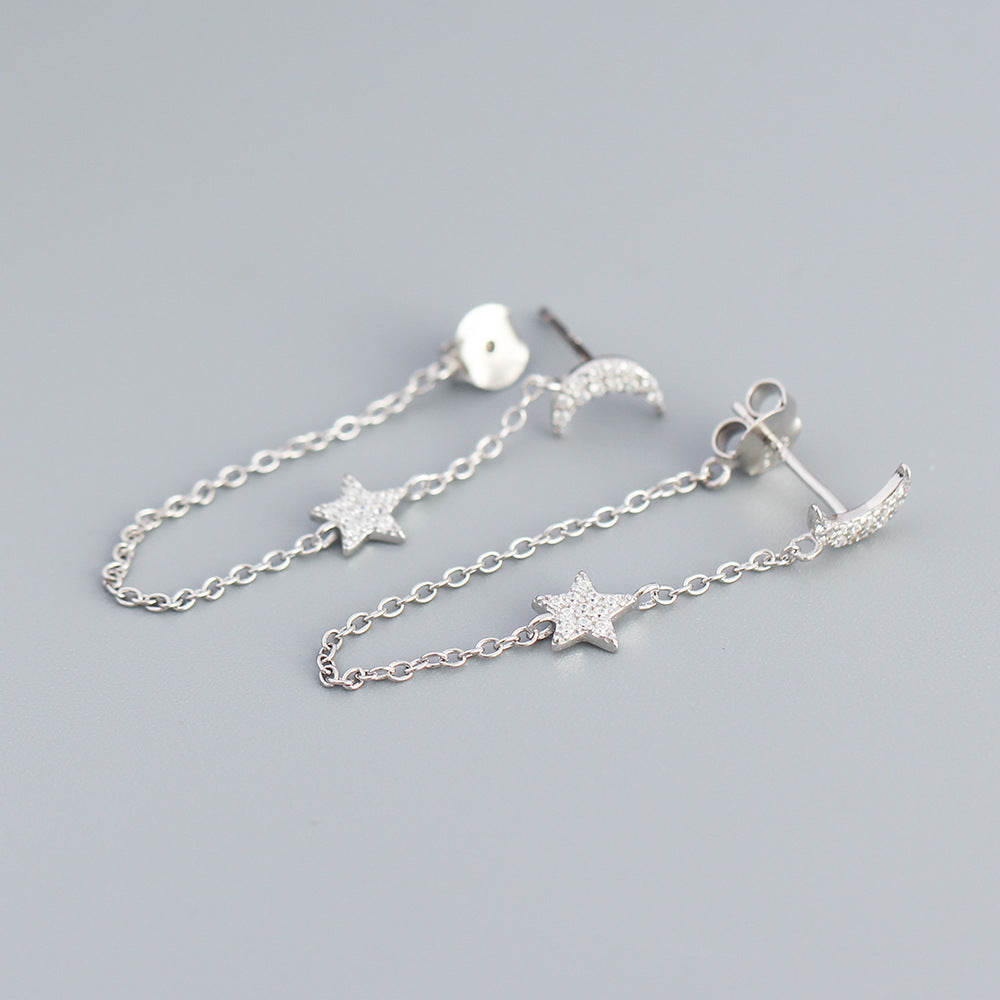 Orecchini in Argento Sterling 925 a Stella e Luna Geometrici con Inlay di Zirconi Cubici e Nappa a Catena Pendente