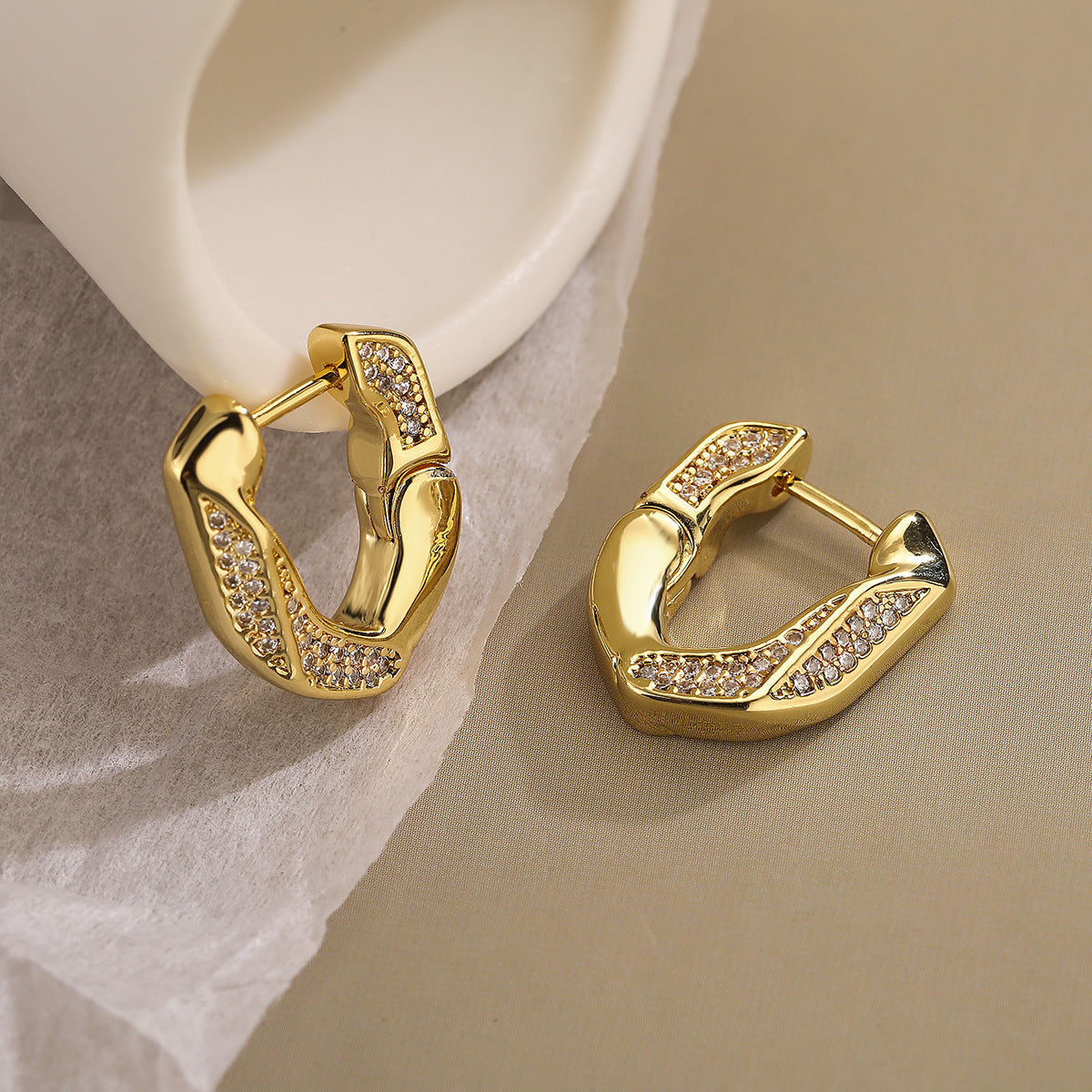 Minimalist Geometric Copper Earrings with Gold Plating and Zircon Inlay for Women