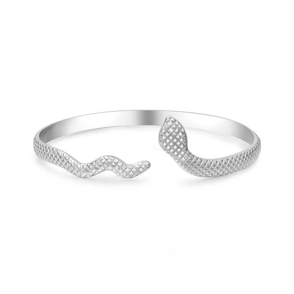 Ethnic Gold Plated Geometric Snake Pattern Checkered Titanium Steel Adjustable Cuff Bracelet for Women