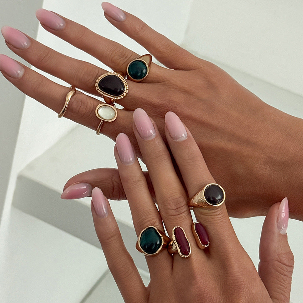 Vintage Luxury Oval Geometric Gemstone Plated Zinc Alloy Open Ring for Women