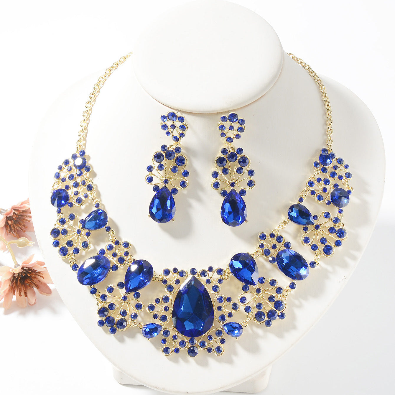 Sweet Floral Crystal Alloy Plated Necklace and Earring Set with Cable Chain for Women