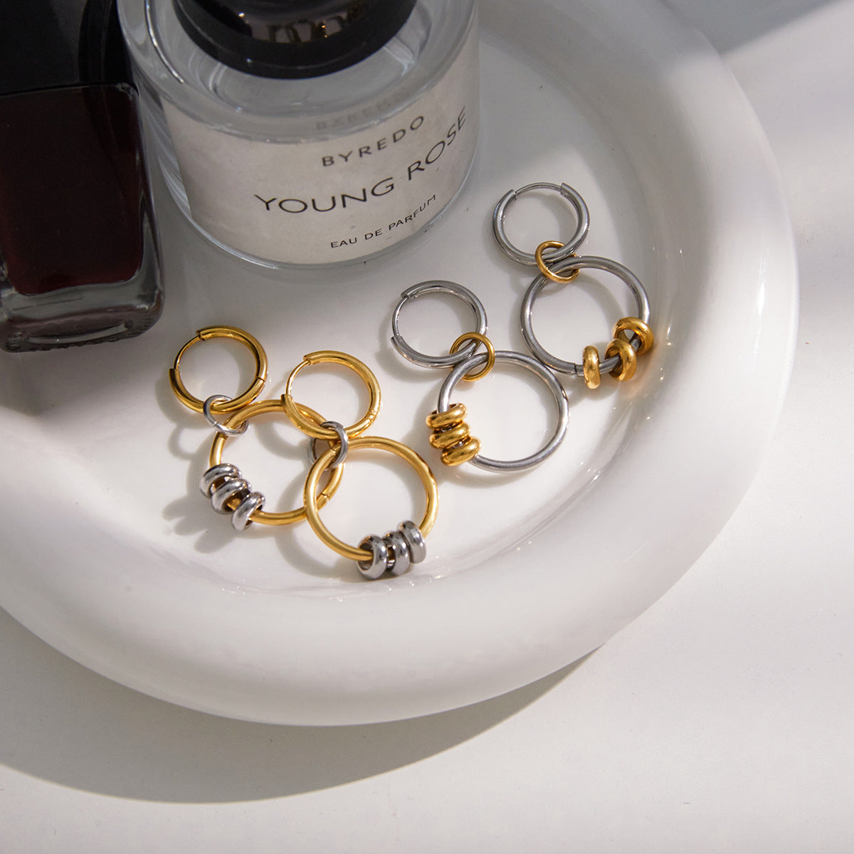 Gold Plated Stainless Steel Round Geometric Hoop Earrings for Women