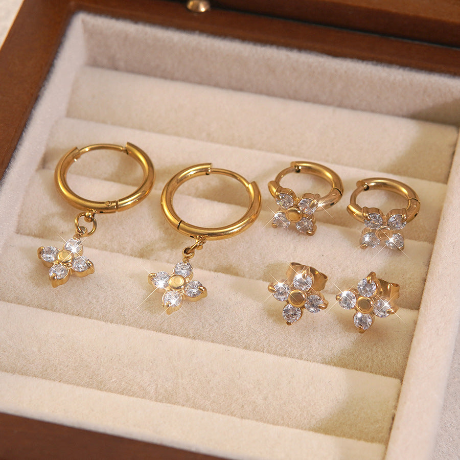 Minimalist Luxury Floral Stainless Steel Gold Plated Cubic Zirconia Stud Earrings for Women