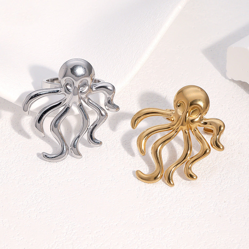 Minimalist 18K Gold Plated Stainless Steel Octopus Open Ring for Women