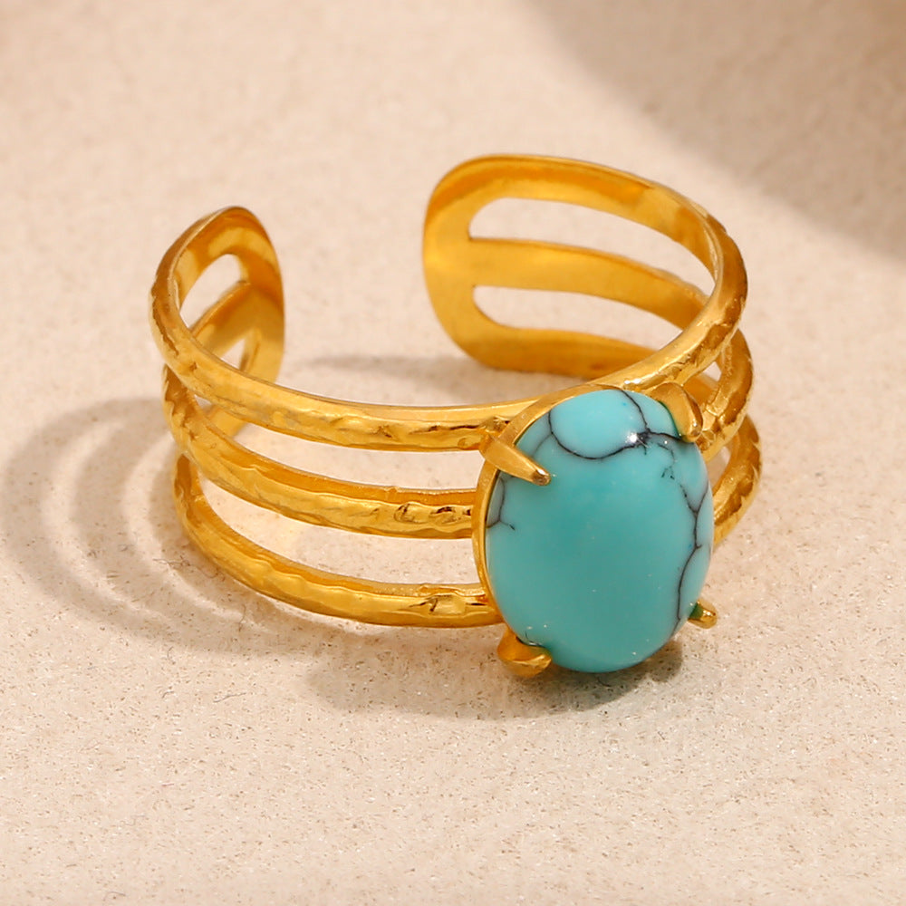 Anello Vintage Geometrico da Donna in Acciaio Inossidabile con Placcatura in Oro 18K e Intarsio Turchese