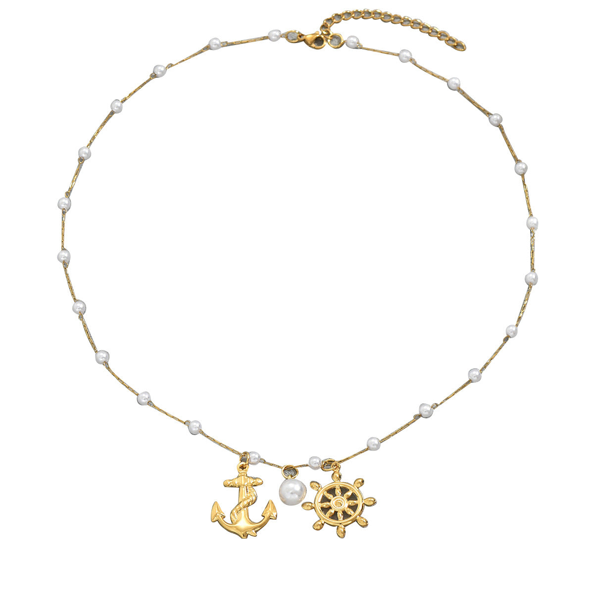 Collar con colgante de ancla geométrica para mujer con incrustaciones de perlas en cadena de cobre
