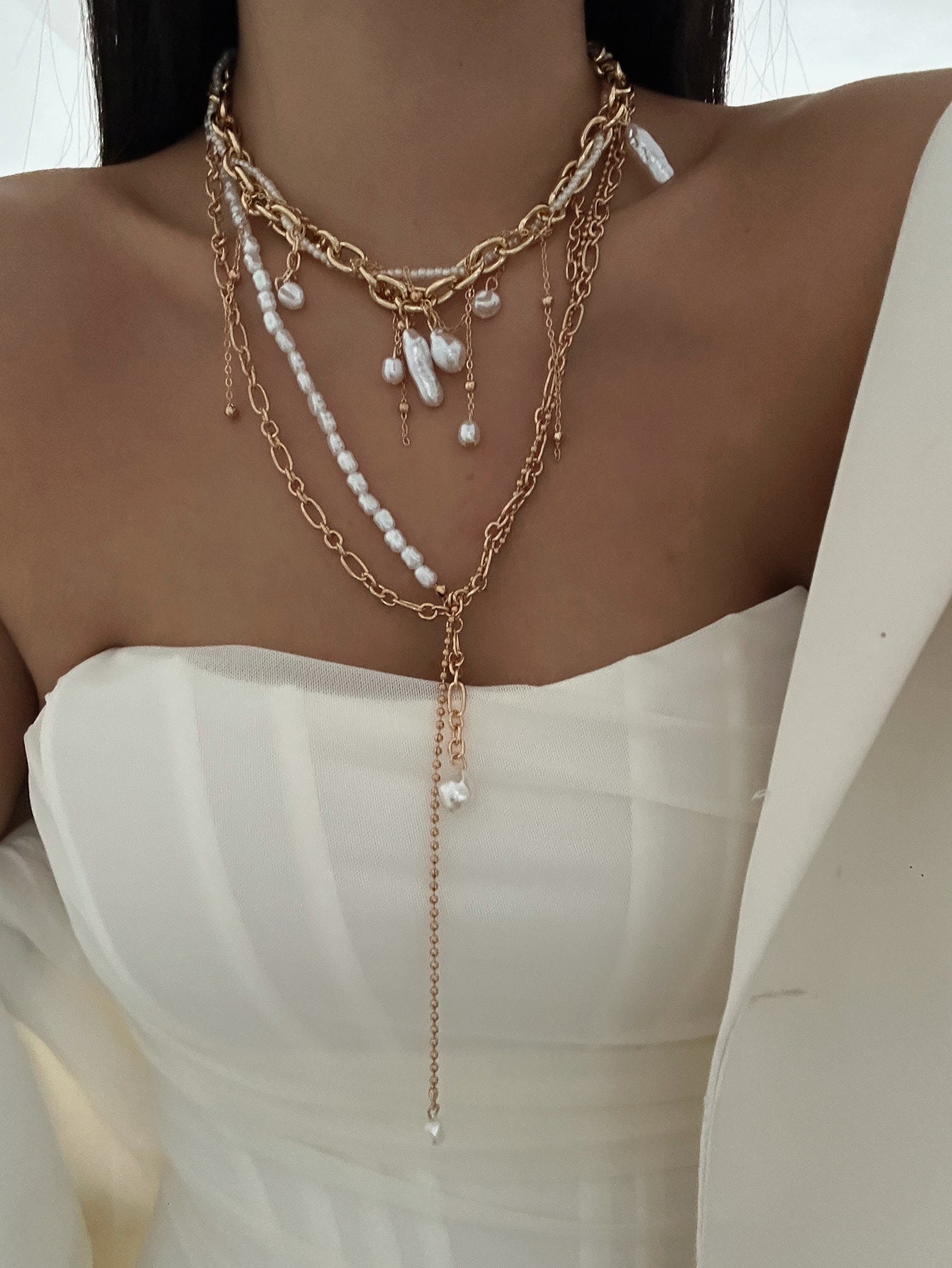 Luxury Casual Asymmetric Teardrop Alloy Plated Y-Necklace with Baroque Pearl and Tassel for Women