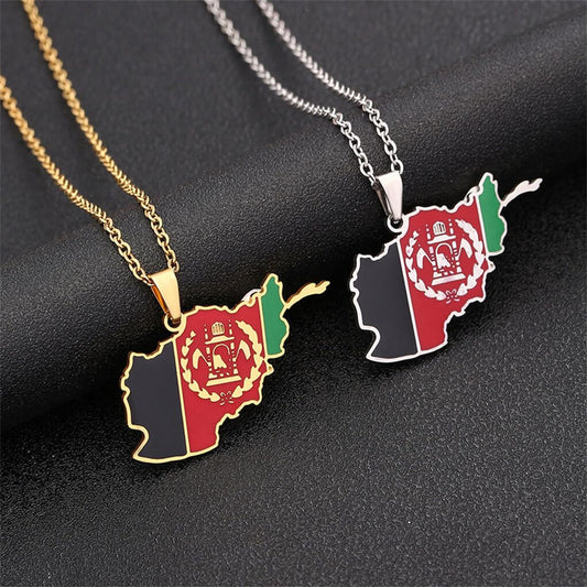Minimalist Geometric Afghanistan Map Pendant Necklace in Stainless Steel with Titanium Steel Charm and Electroplated Finish on O-Chain