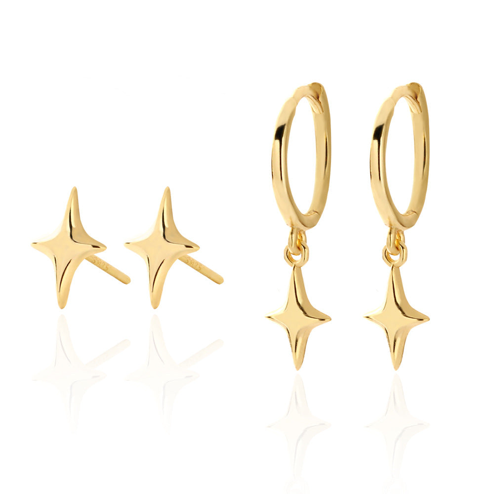 Minimalist Polished Four-Point Star 925 Sterling Silver Stud Earrings