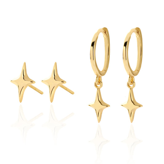 Pendientes de botón minimalistas pulidos de plata de ley 925 con estrella de cuatro puntas