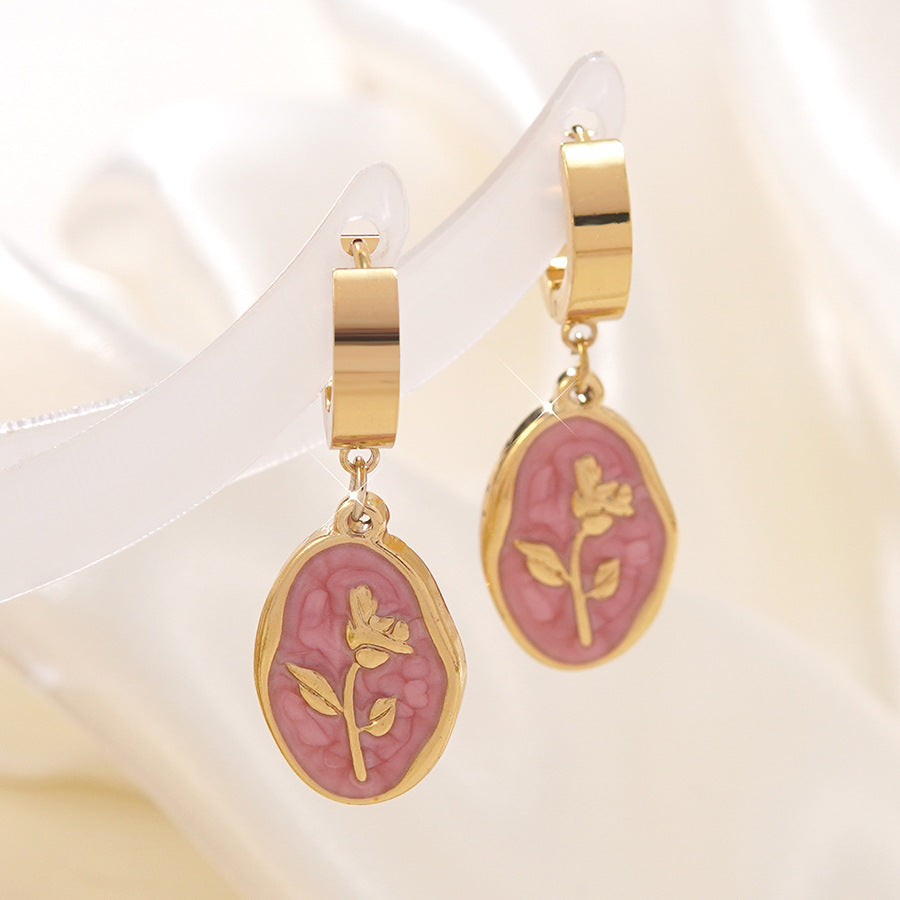 Vintage Floral Drip Oil Stainless Steel Rose Earrings for Women