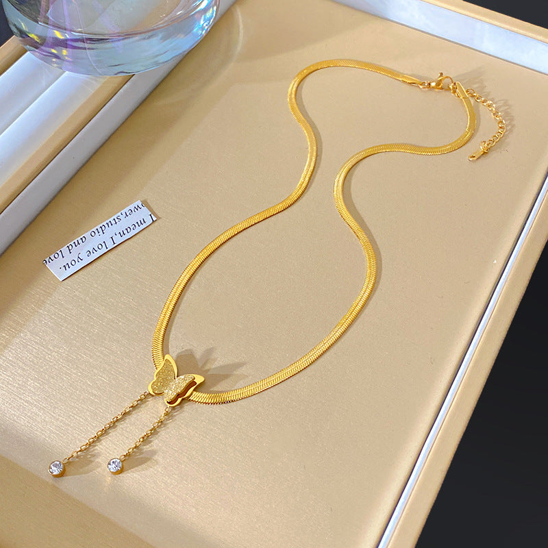 Sweet Streetwear Butterfly Titanium Steel Plated Pendant Necklace with Tassel Snake Chain