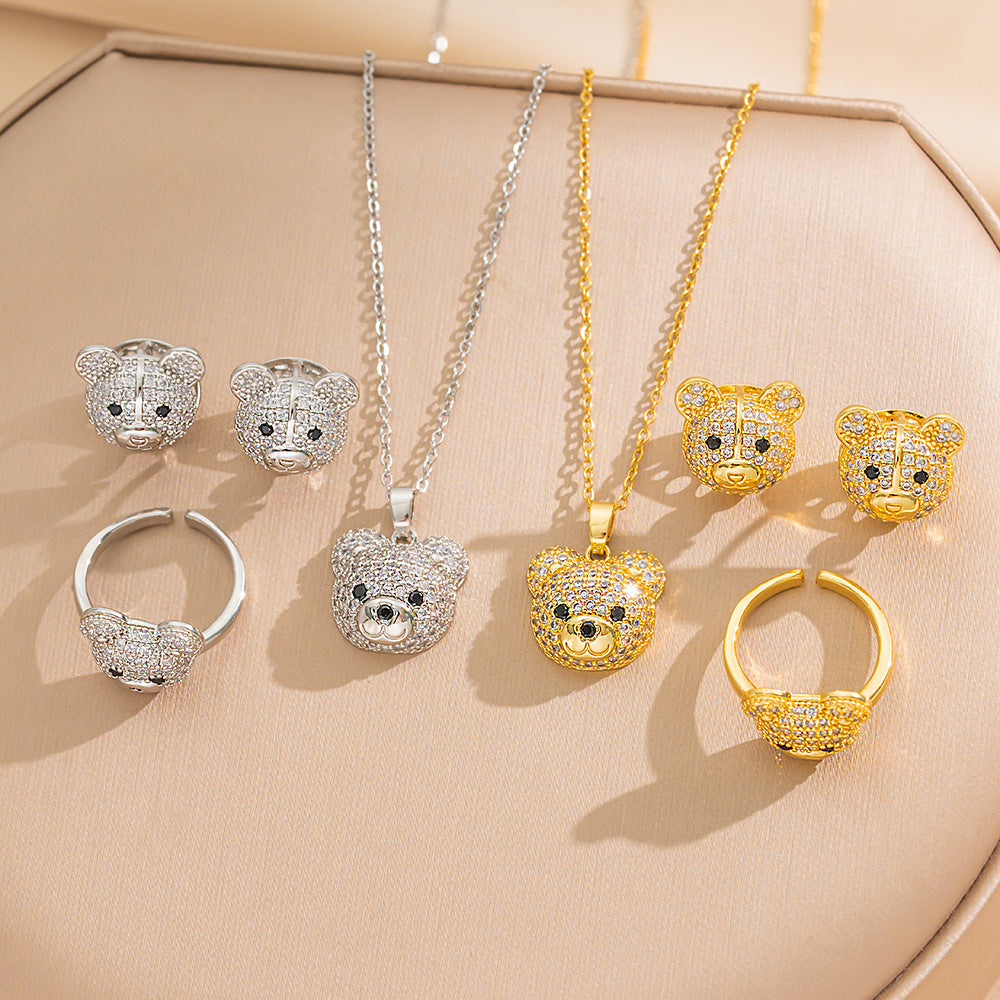 Collana Pendente Orso Carino Minimalista da Donna in Acciaio al Titanio con Catena a Serpente, Intarsi in Strass e Design Geometrico