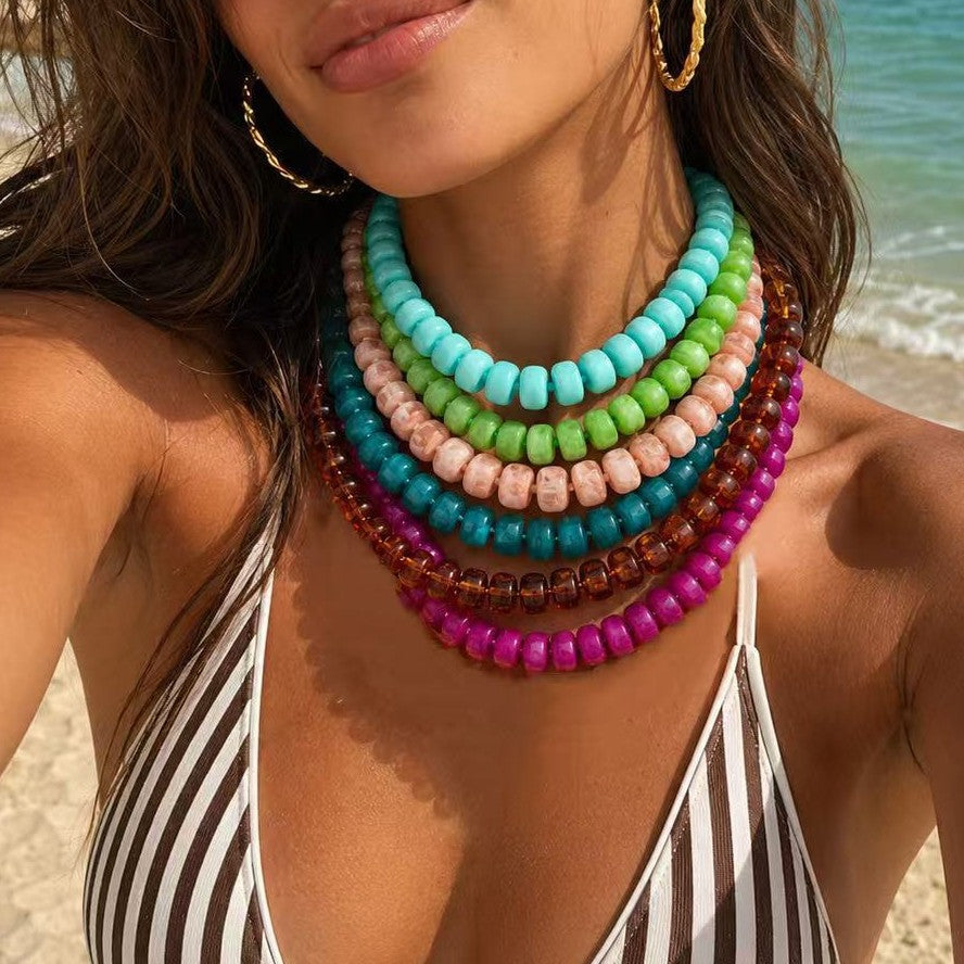 Sweet Geometric Gradient Resin Beaded Necklace Stainless Steel Chain Women's Jewelry