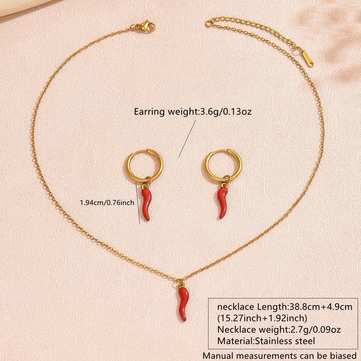Minimalist Red Chili Pepper Stainless Steel Jewelry Set for Women with Plated Necklace and Earrings