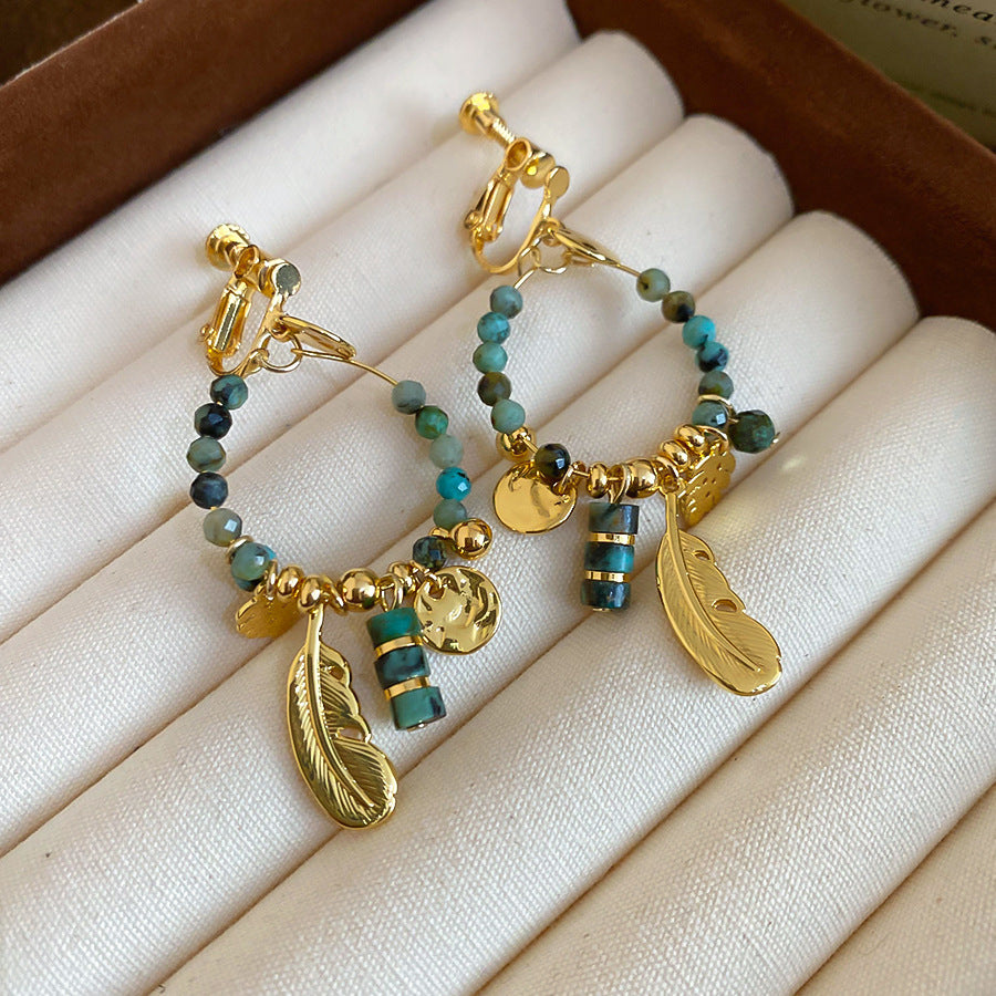Orecchini Pendenti Etnici Vintage Geometrici con Piume e Pietre, con Perni in Argento 925 Placcato Oro 14K per Donna