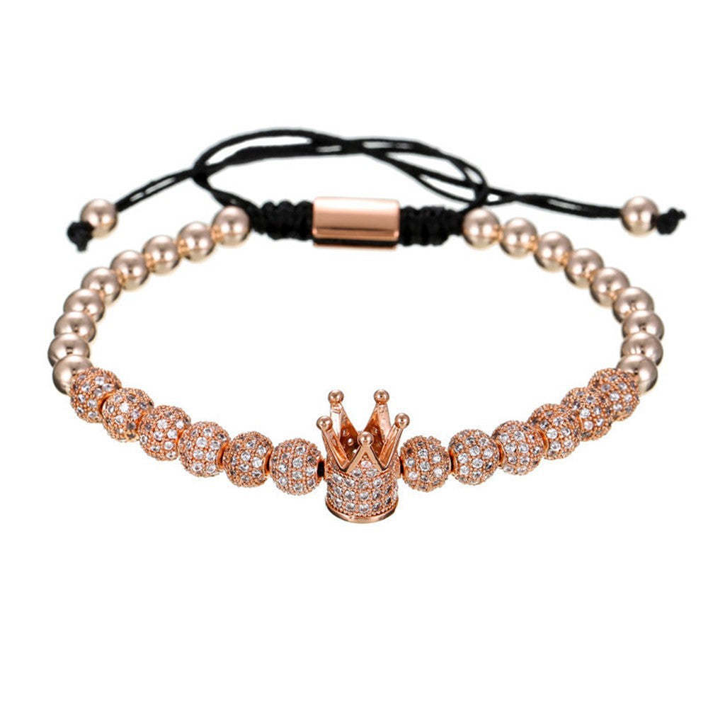 Fashion Geometric Micro-pave Cubic Zirconia Brass Round Bead Crown Braided Adjustable Bracelet