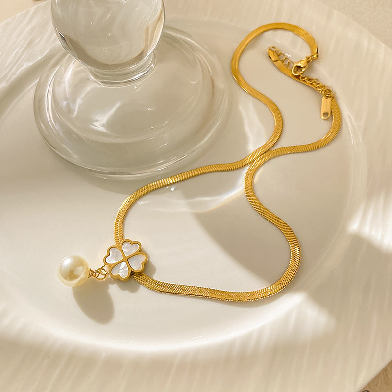 Elegant Gold Plated Four-Leaf Clover Pearl Tassel Necklace Titanium Steel Unisex