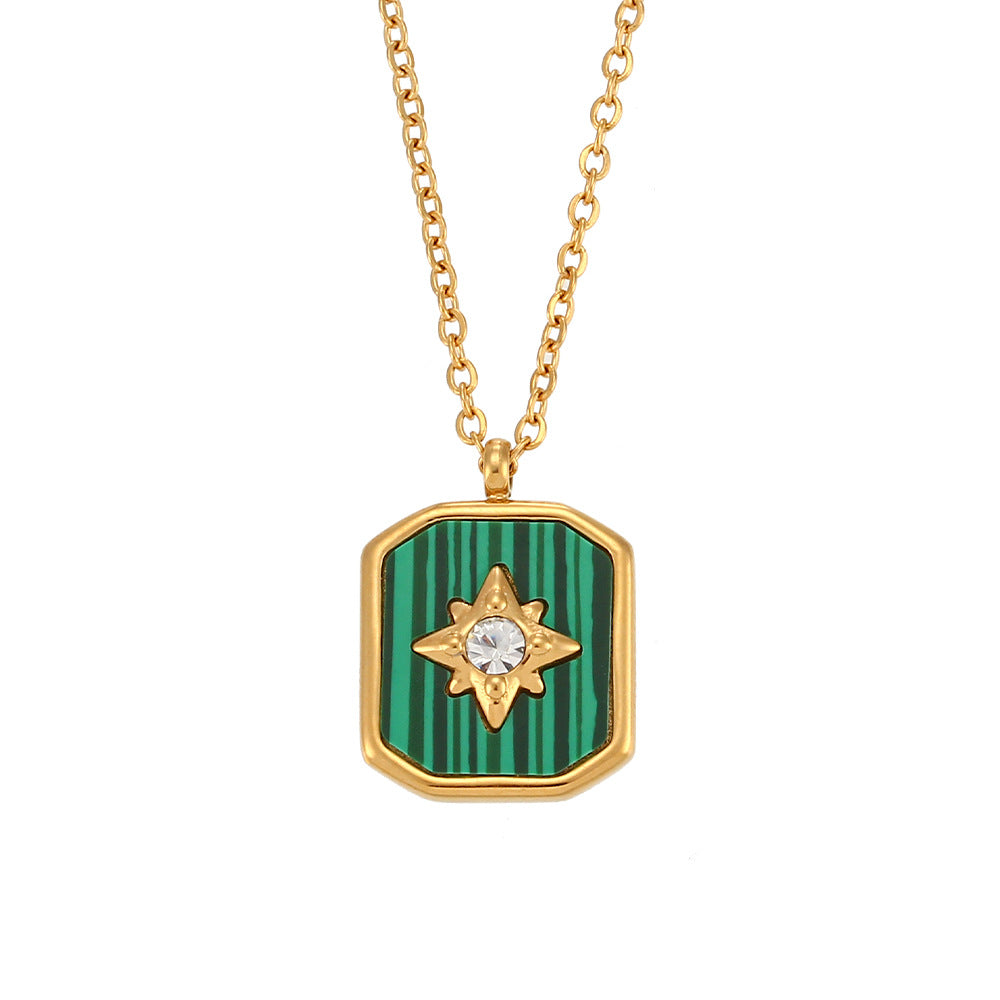 Minimalist Square Pendant Necklace with Geometric Eight-Pointed Star Design in Stainless Steel with Plated Finish for Women