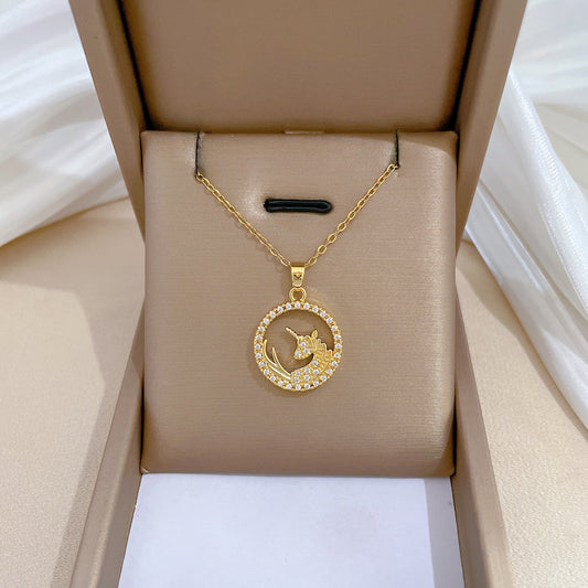 Minimalist Unicorn Pendant Necklace in Titanium Steel with Zircon Inlay for Women and Men, Delicate Clavicle Chain with Geometric Design and Moon Motif