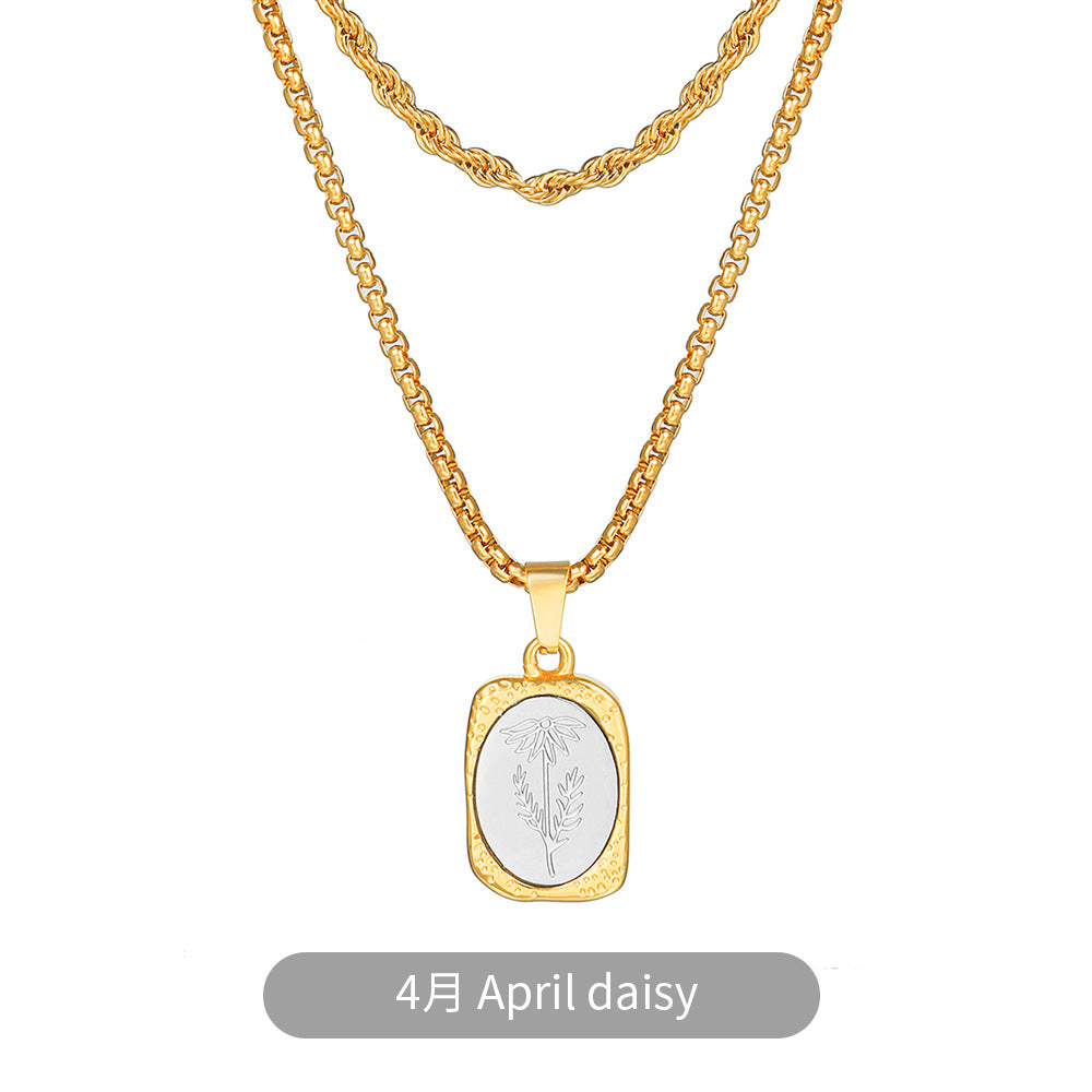 Vintage Two-Tone Gold and Silver Plated Stainless Steel Square Rose Pendant Necklace with Box Chain for Women