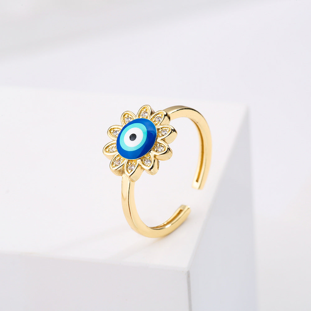 INS Style Geometric Open Ring for Women Made of Brass with Real Gold Plating Rhinestone Inlay and Enamel Eye Design