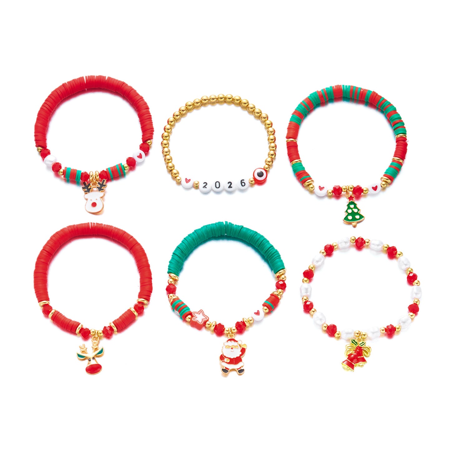 Sweet Christmas-Themed Bracelet Set with Snowman Reindeer Bell and Tree Charms Crystal Handmade Fashion Bracelets for Women