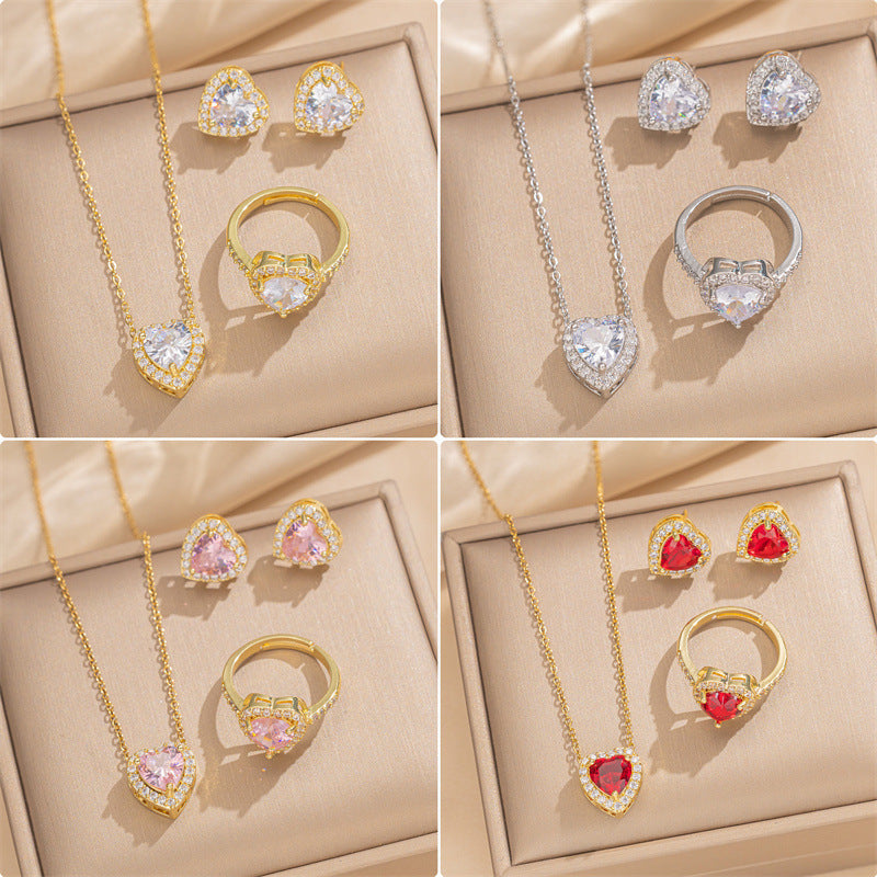 Luxury Minimalist Heart-Shaped Zirconia-Set Titanium Steel Necklace Set for Women with Earrings and Bracelet