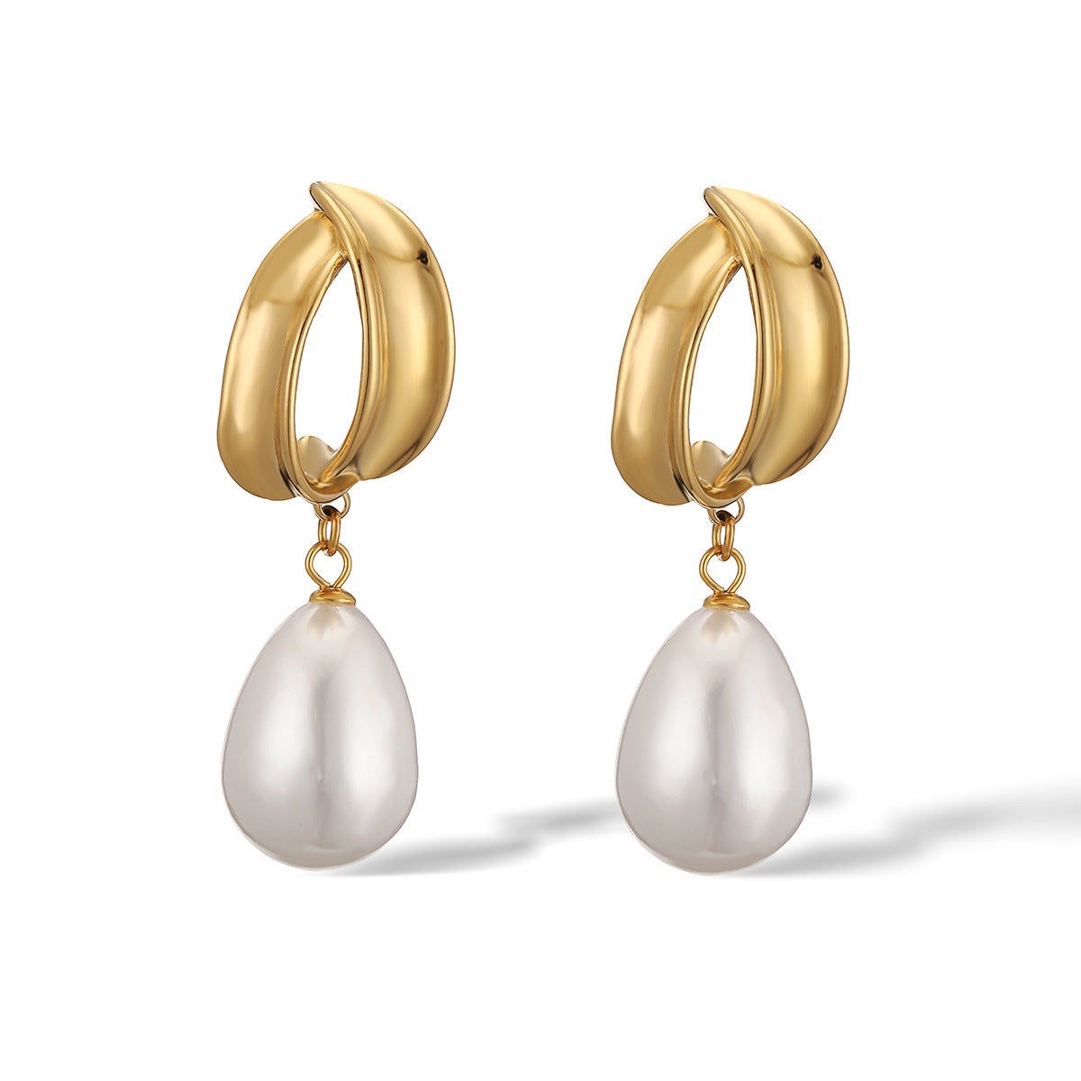 Minimalist Irregular Geometric Stainless Steel Pearl Earrings for Women with 18K Gold Plating