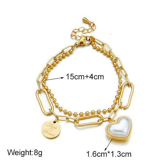 Pulsera con colgante redondo grabado, con incrustaciones de perlas, con forma de corazón doble irregular, estilo minimalista vintage, de acero de titanio con acabado chapado