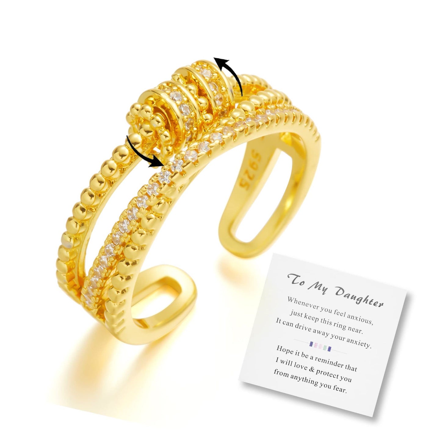 Elegant Geometric Brass Plated Ring with Cubic Zirconia Polka Dot Design Unisex Spinner Anxiety Ring
