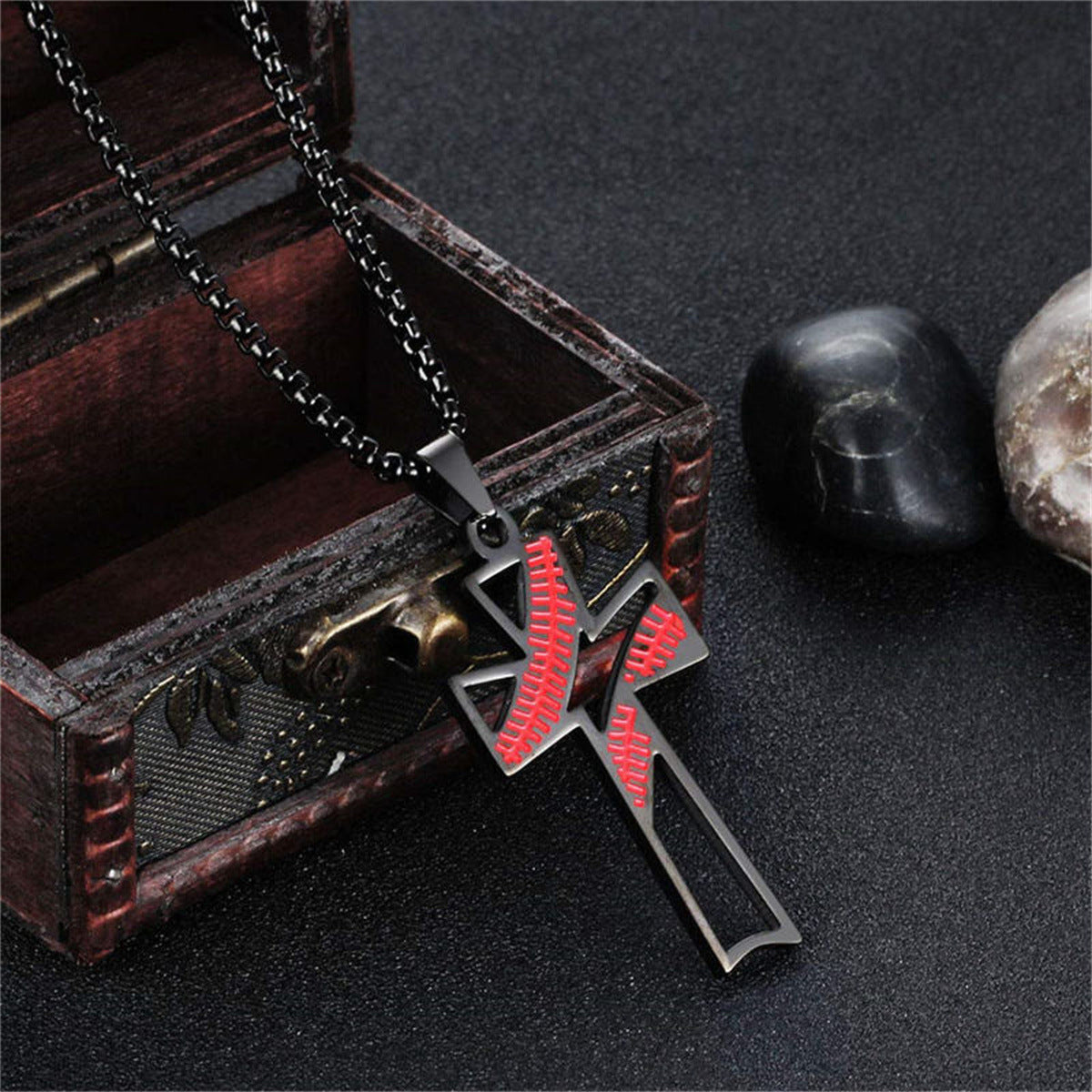 Natural Style Geometric Stainless Steel Pendant Necklace with Titanium Steel Cross Charm and Hollow Baseball Design Adjustable Chain
