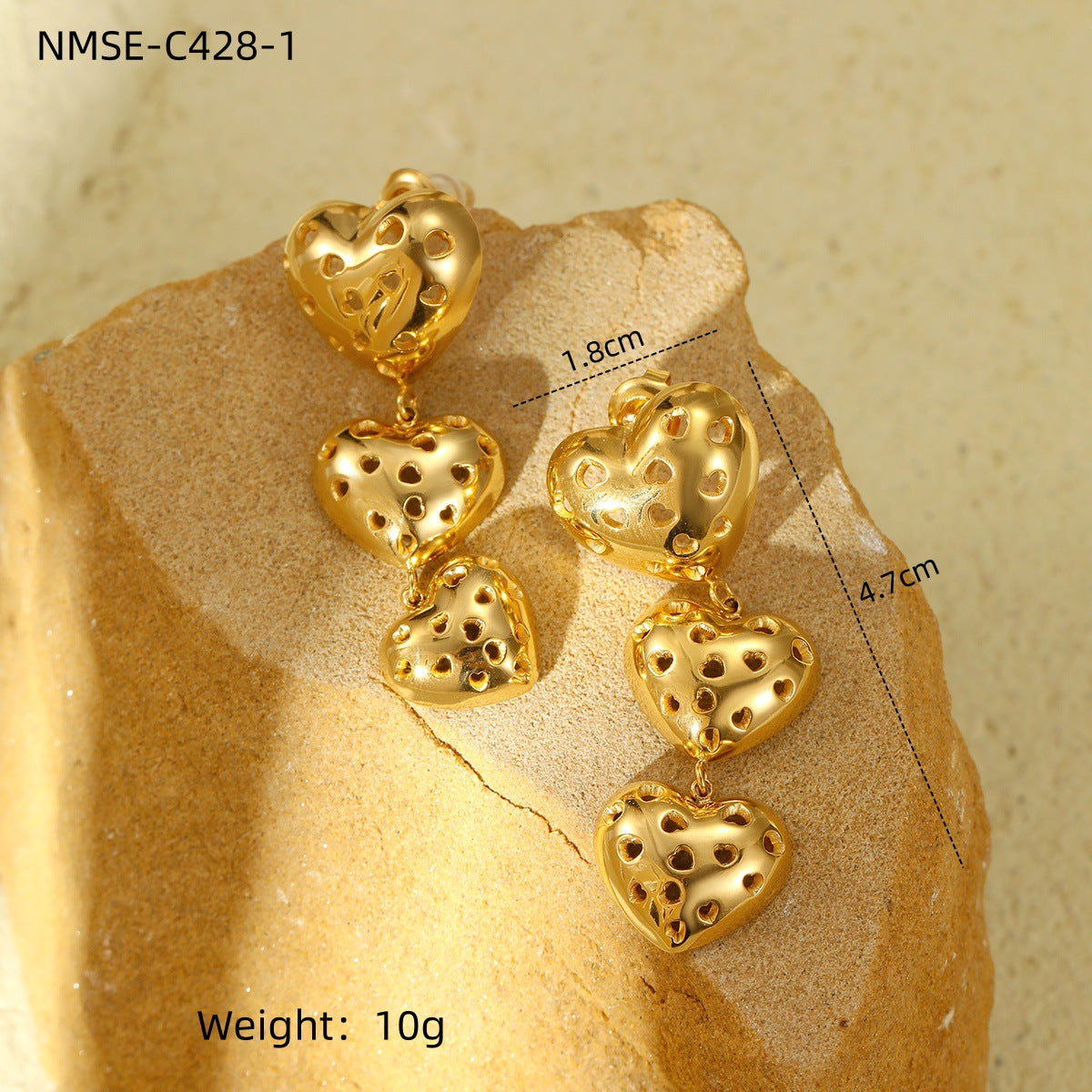 Orecchini da donna in acciaio inossidabile a forma di cuore, cavi e minimalisti, con dettagli sfrangiati e finitura placcata