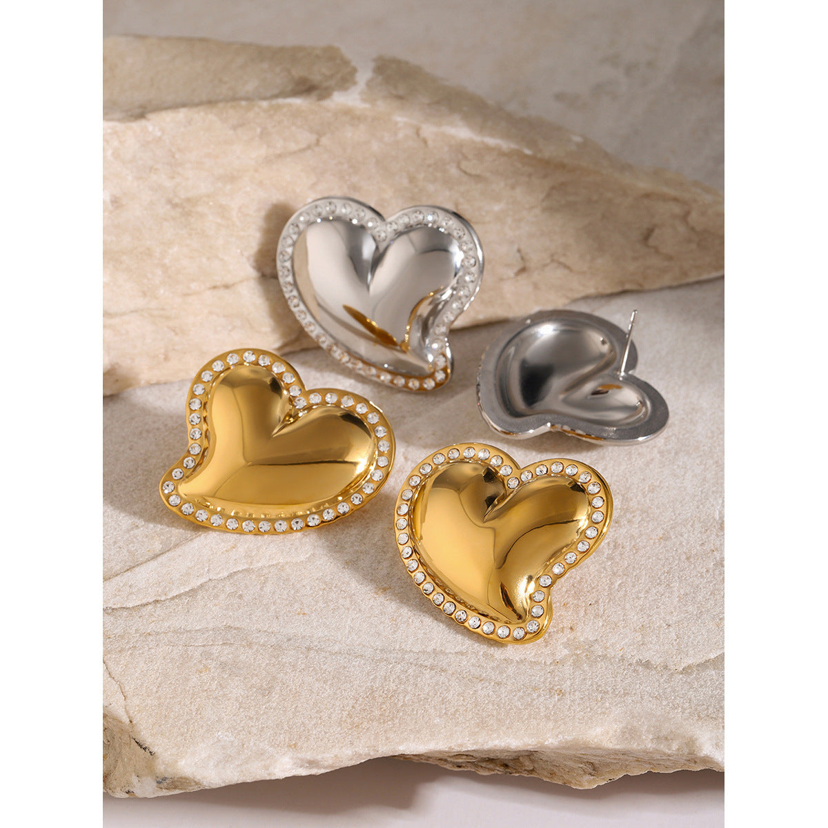 Ins Style Asymmetrical Heart-Shaped Earrings in Stainless Steel with 18K Gold Plating and White Rhinestone Inlay